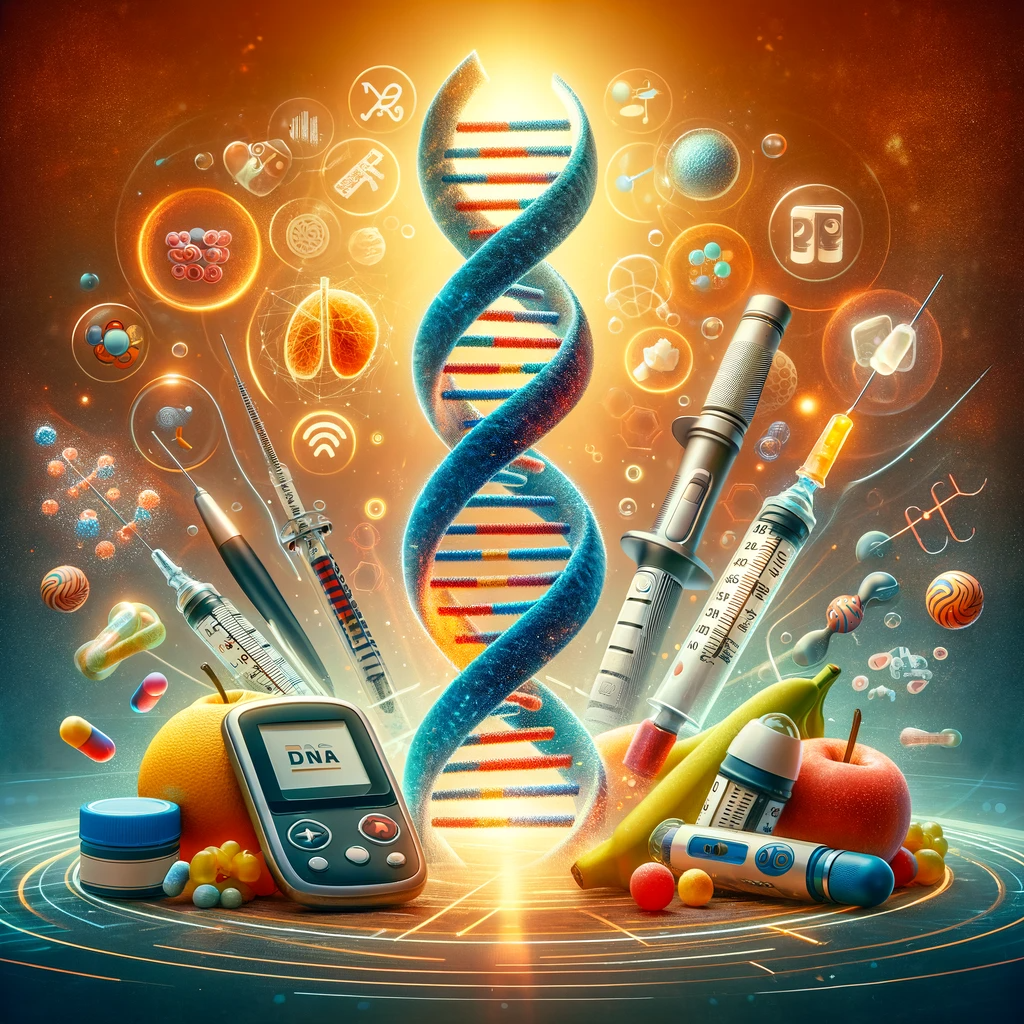 DNA double helix intertwined with diabetes management symbols, representing the role of epigenetics in predicting and managing diabetes